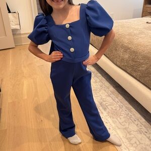 Girls Blue Puff-Sleeve One-Piece Jumpsuit